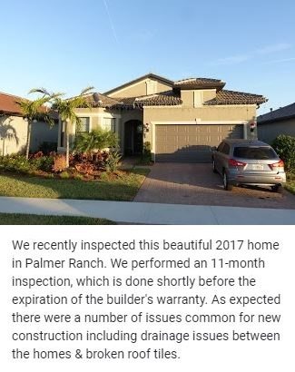 We recently inspected this beautiful 2017 home in Palmer Ranch. We performed an 11-month inspection, which is done shortly before the expiration of the builder's warranty. As expected there were a number of issues common for new construction including drainage issues between the homes & broken roof tiles.